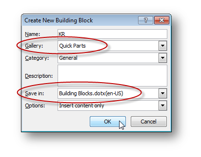 how to create quick parts in word